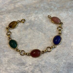 12k Gold Filled Scarab Bracelet with Semi-Precious Stones Vintage Carved